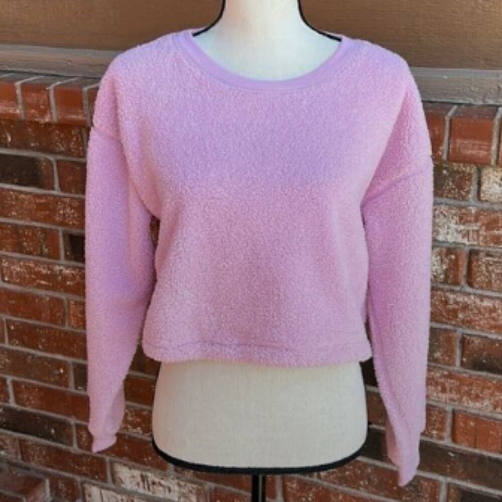 Splendid Sundown Ashley Pullover Cropped Sherpa Sweatshirt Bubble Gum Pink M